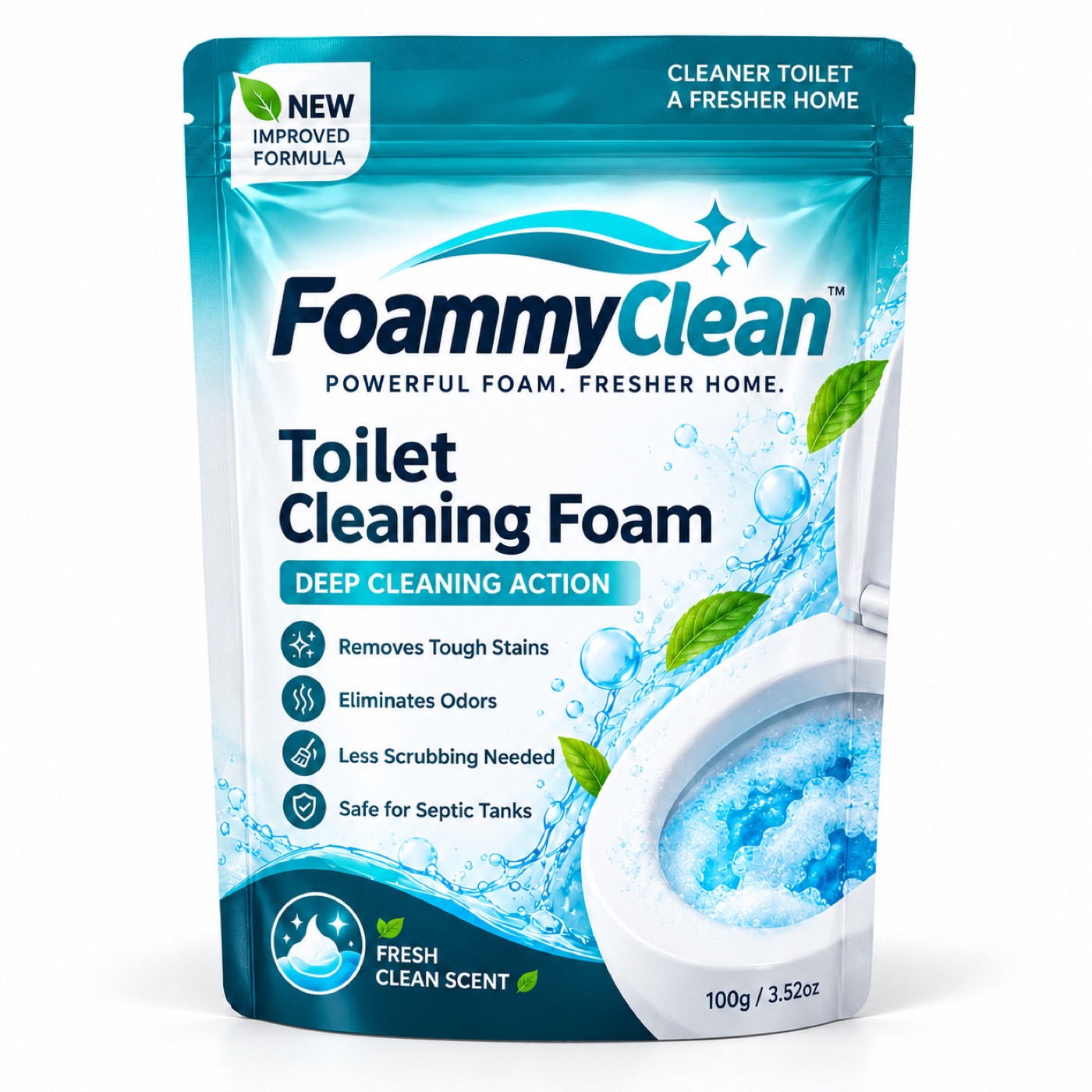 Front of the FoammyClean toilet cleaning foam pouch